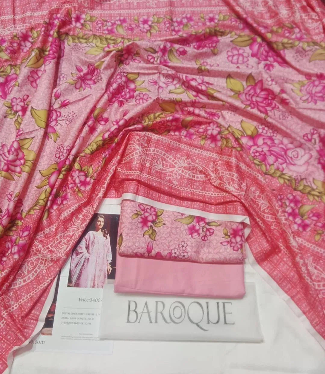 3-Piece Pink Digital Print Linen Suit Unstitched
