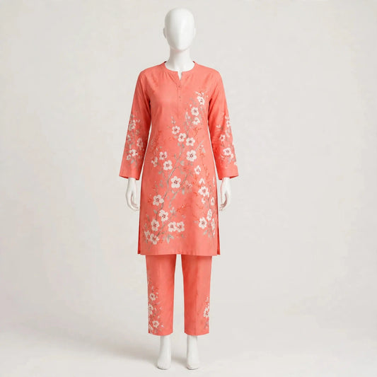 2 Pcs Women's Unstitched 3-D Block Printed Suit