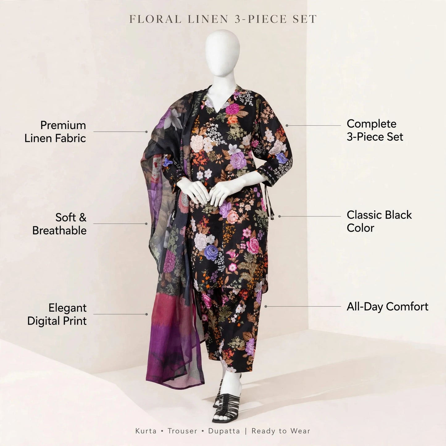 Linen 3-Piece Floral Suit for Women Pakistan