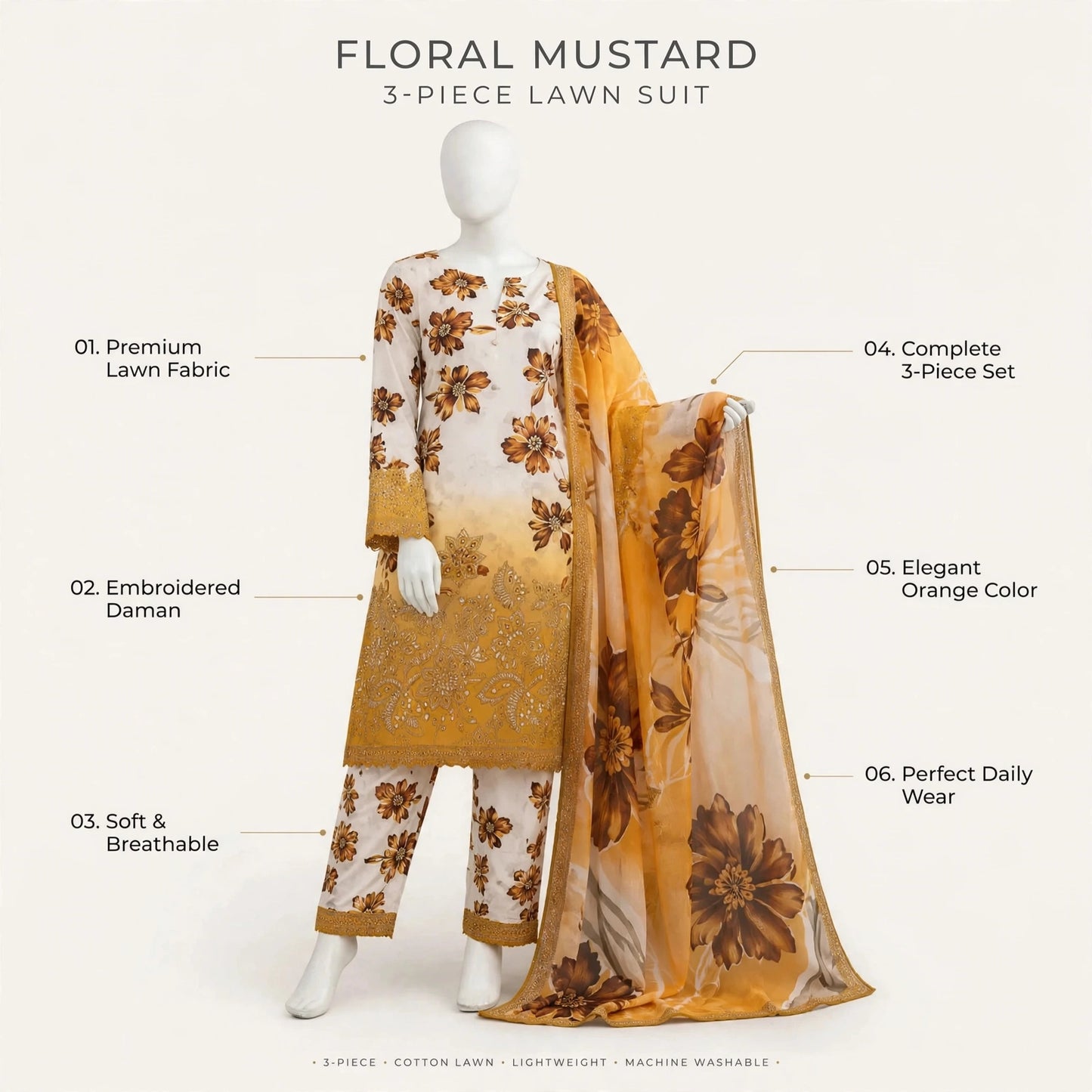 3Pcs Women Suit Lawn Orange Printed