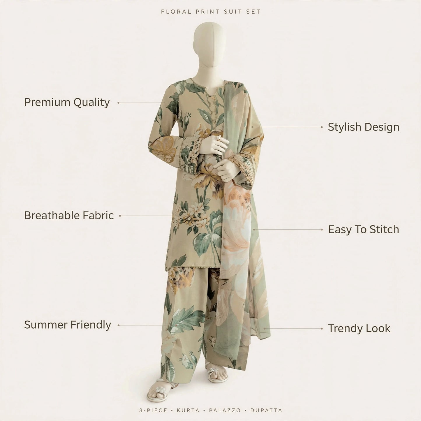 Premium Ivory Digital Print Lawn 3-Piece Suit