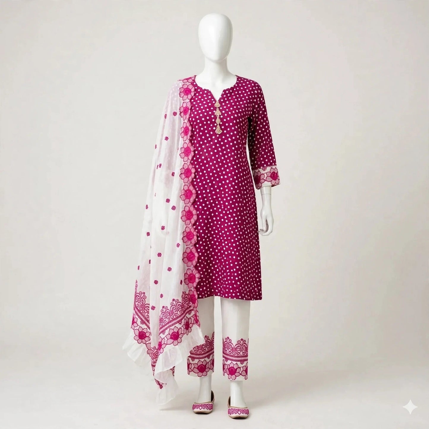 Kurta Pajama Set with White Dupatta 3-PC Unstitched