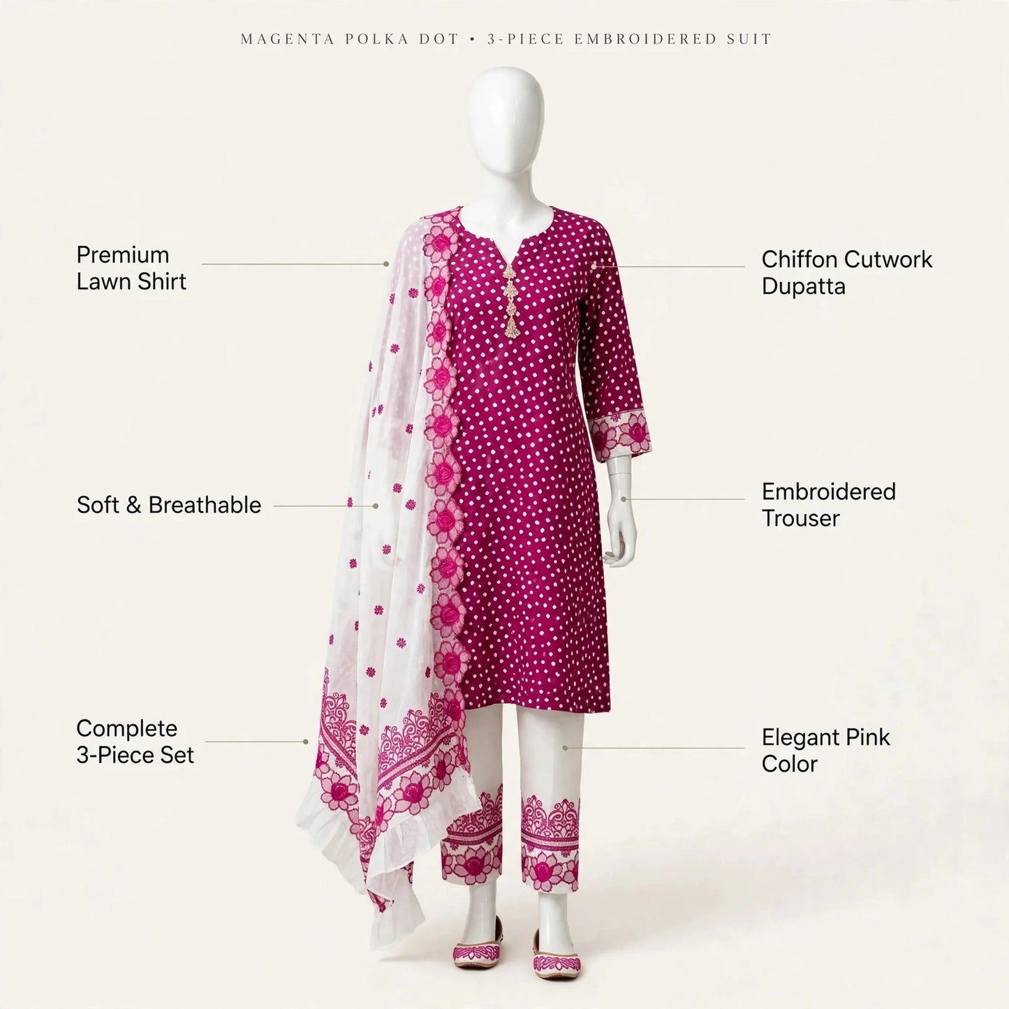 Kurta Pajama Set with White Dupatta 3-PC Unstitched