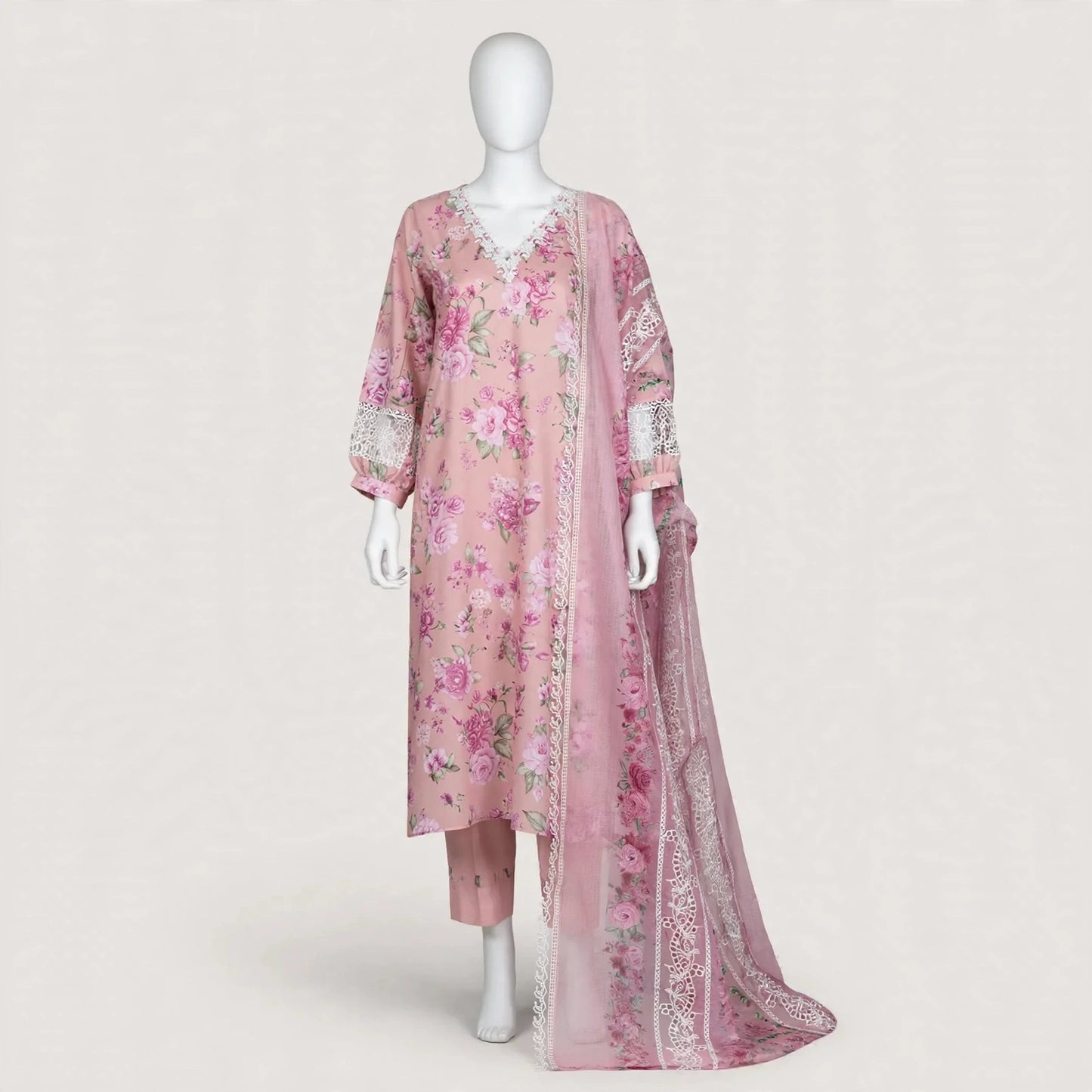 3-Piece Pink Digital Print Linen Suit Unstitched