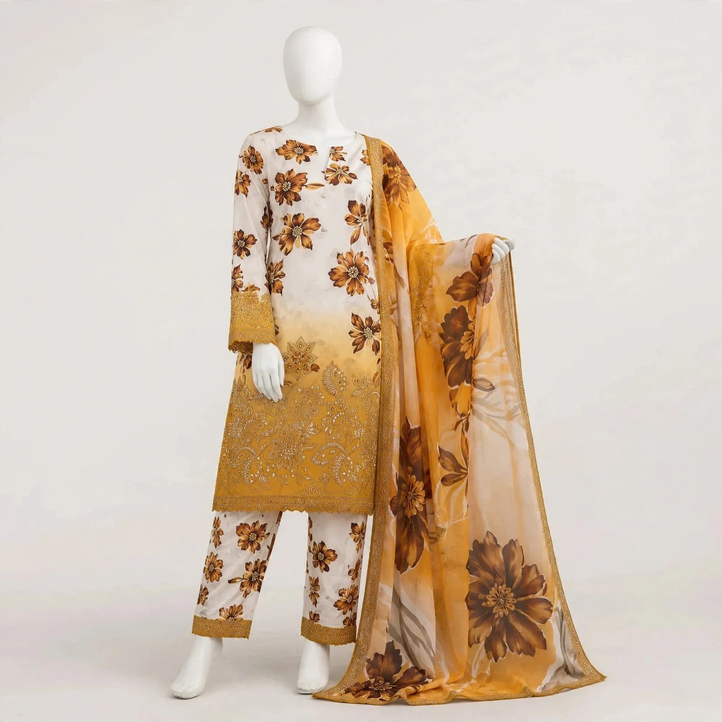 3Pcs Women Suit Lawn Orange Printed