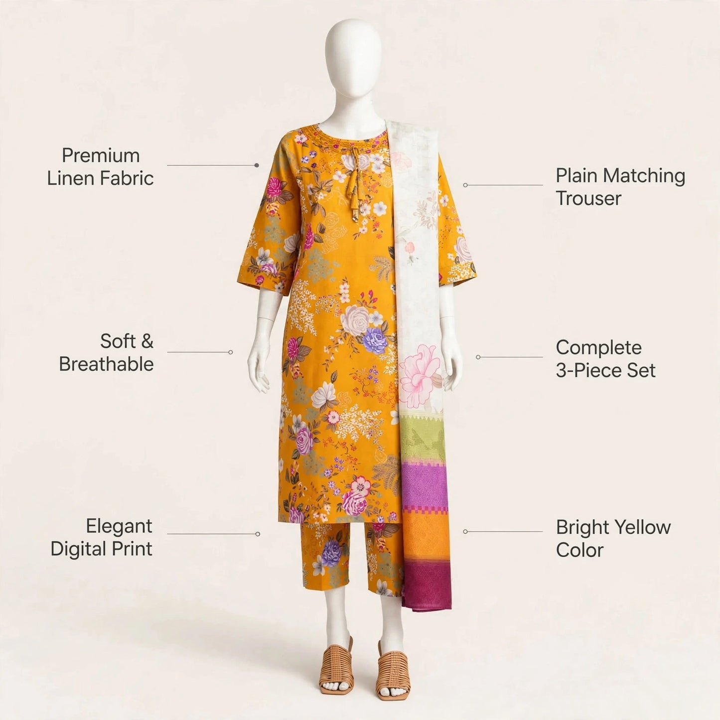 3-Piece Digital Printed Linen Suit Unstitched