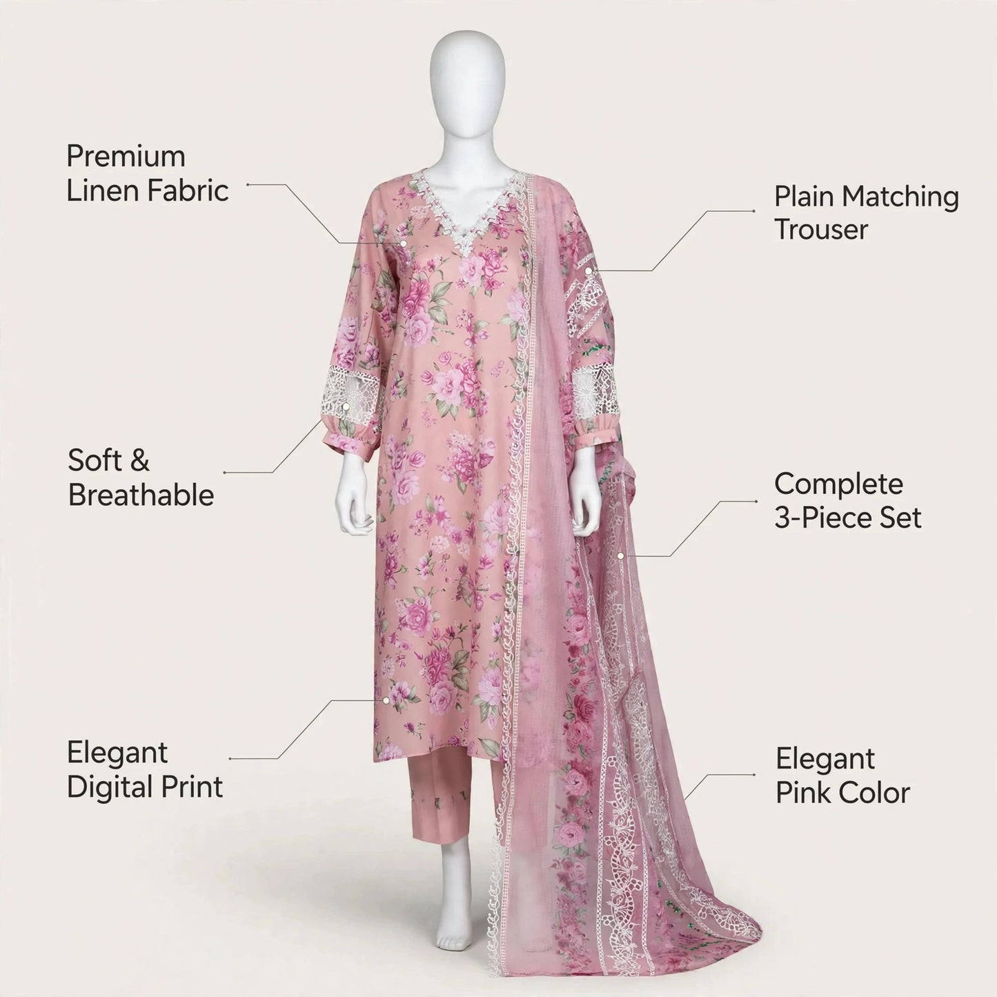 3-Piece Pink Digital Print Linen Suit Unstitched